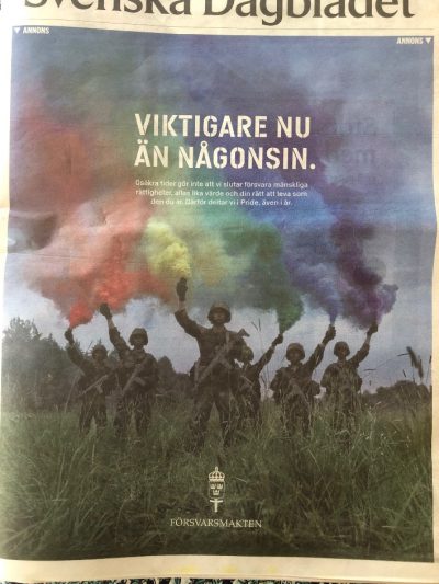 Urklipp från Svenska Dagbladet 31 juli 2022 med texten: Viktigare nu än någonsin. Annons från Försvaret i samband med pride-veckan.